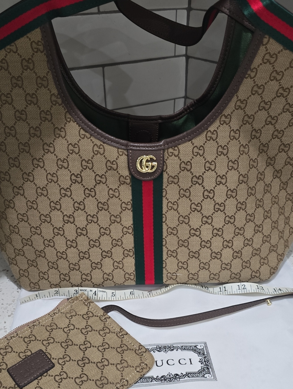 GIGLIO BEIGE CANVAS LEATHER WEB STRIPE RED GREEN LG LARGE TOTE